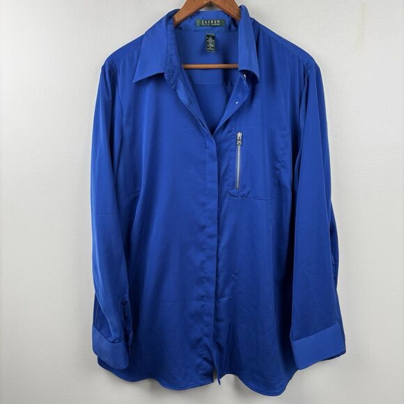 Ralph Lauren Women 1X Silky Royal Blue Hidden Button Top Pocket Career Corpcore - Picture 2 of 8